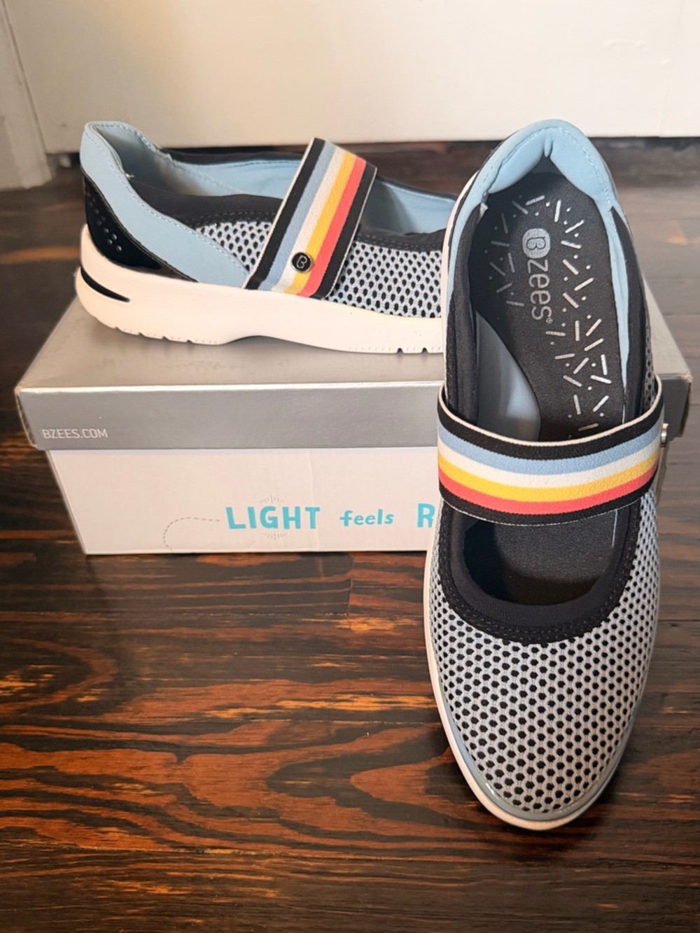 Bzees Slip-On Athena Sneakers in Blue and Gray with Rainbow Strap - size 8
